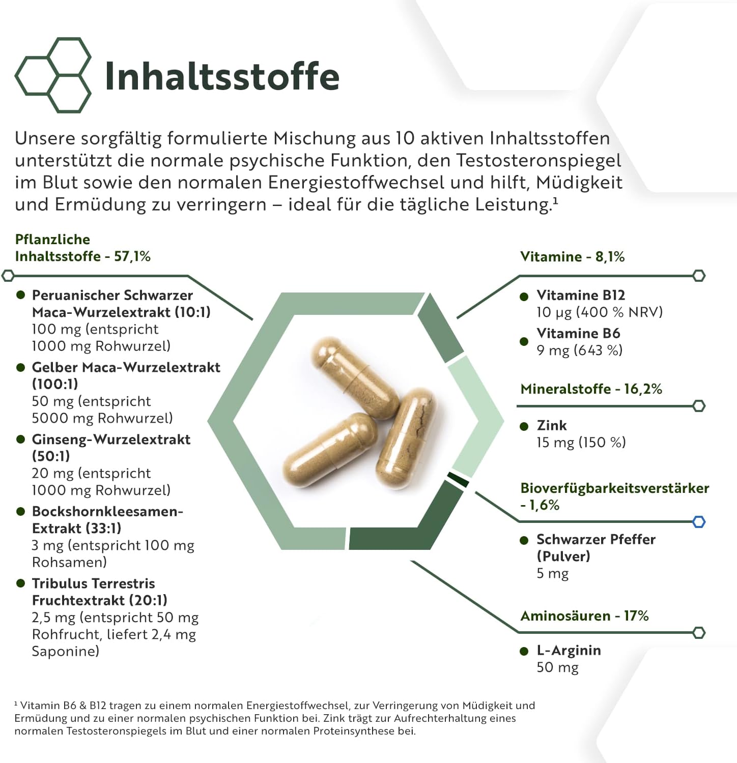 Schwarzer Maca-Komplex mit Zink, Vitamin B12, Ginseng, Bockshornklee, Vitamin B6, L, Arginin, Energiestoffwechsel, normale psykologische Funktion (EFSA), 180 Kapseln