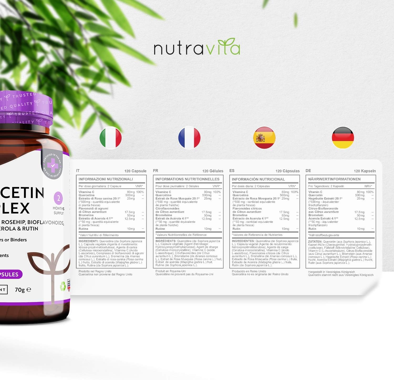 Quercetin Komplex 695mg mit Vitamin C - Preis-Leistungssieger 2021* - 120 vegane Kapseln