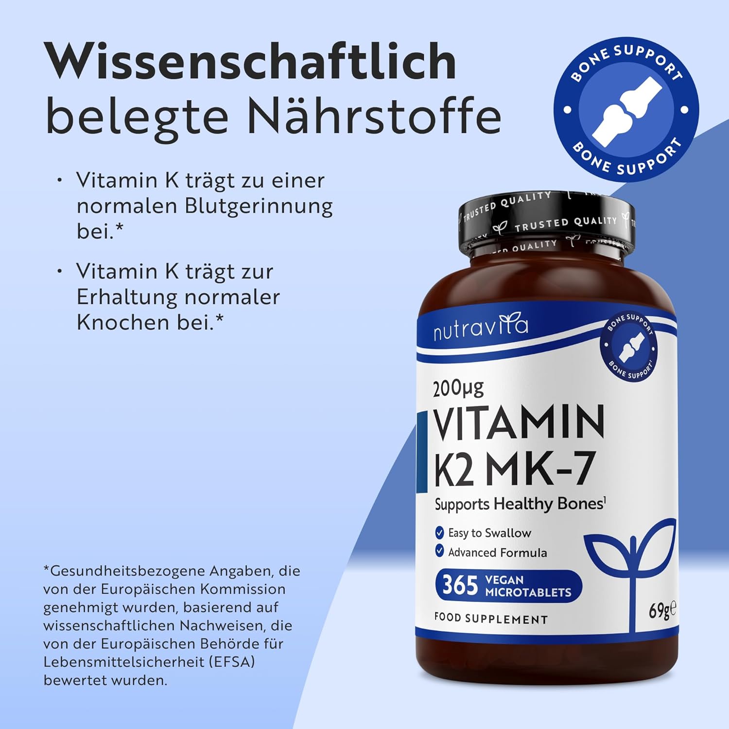 Vitamin K2 MK 7 200 µg – Jahresvorrat – 365 vegane Mikrotabletten (keine Kapseln)