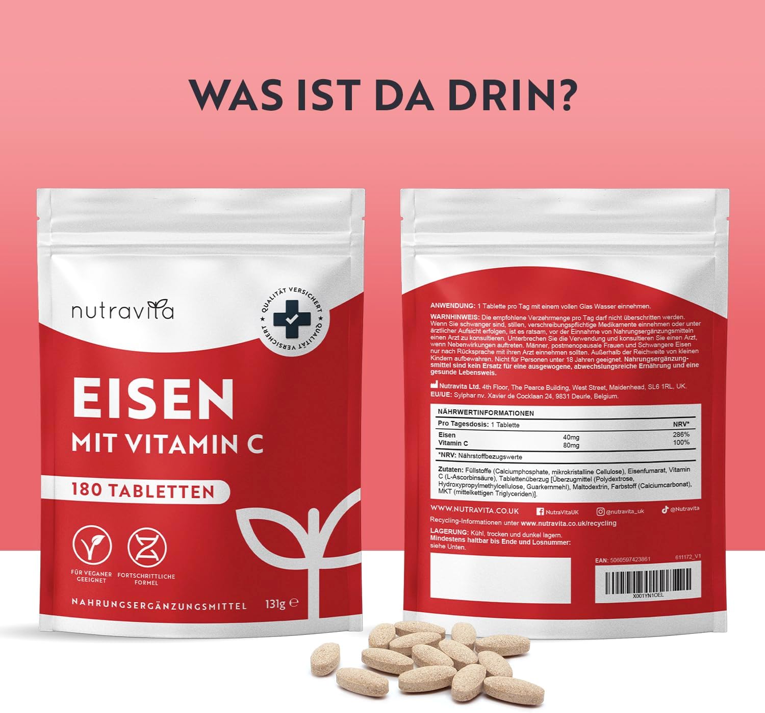 Eisentabletten mit 40 mg Eisen + Vitamin C (80mg) - 180 vegane Tabletten