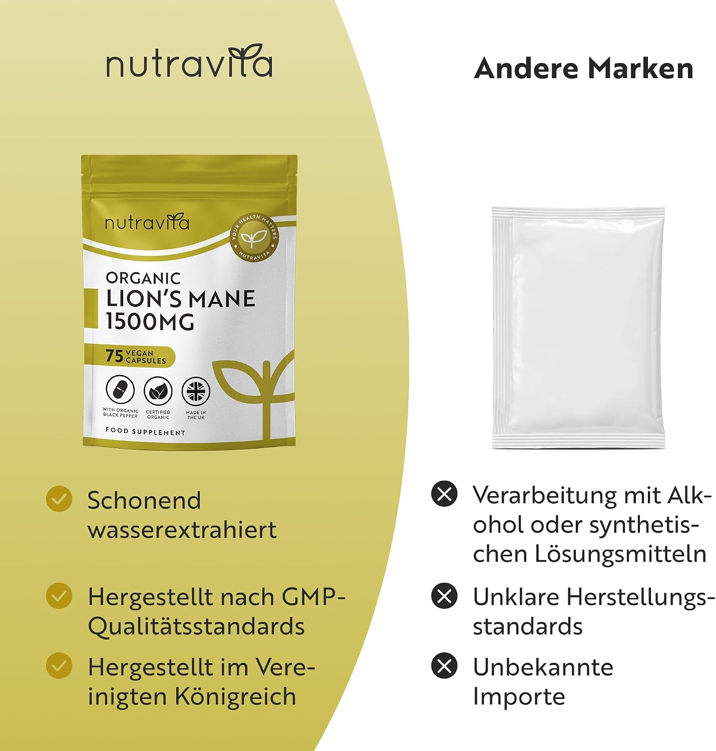 Bio Lion’s Mane Mushroom Kapseln 1500mg je Tagesdosis - 75 Löwenmähne Pilz Vegane Kapseln