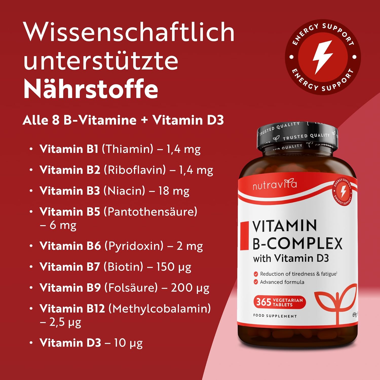 Vitamin B-Komplex - JAHRESVORRAT - Alle 8 B-Vitamine in 1 Tablette - Vitamin B1, B2, B3, B5, B6, B12, Biotin, Folsäure & Vitamin D3