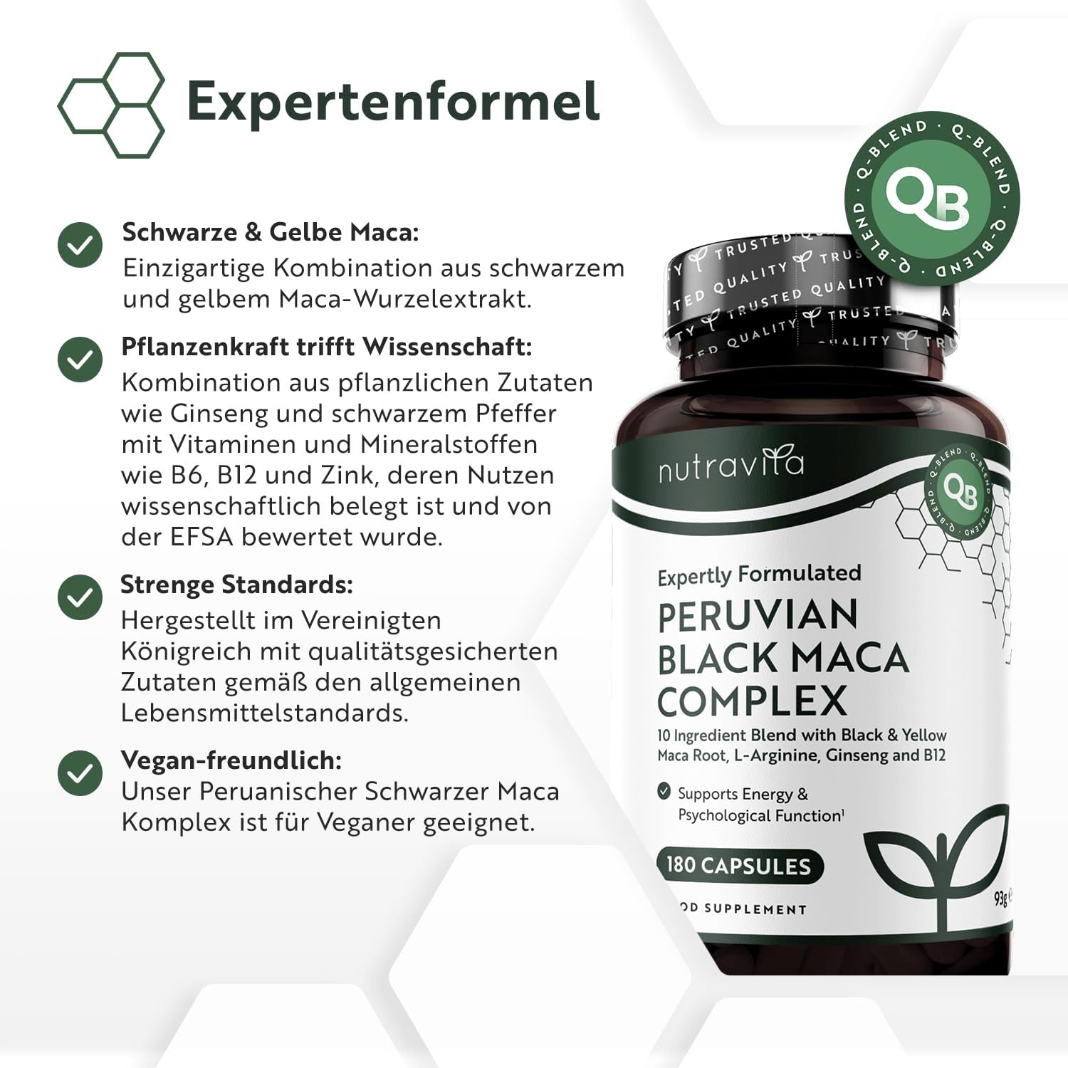 Schwarzer Maca-Komplex mit Zink, Vitamin B12, Ginseng, Bockshornklee, Vitamin B6, L, Arginin, Energiestoffwechsel, normale psykologische Funktion (EFSA), 180 Kapseln