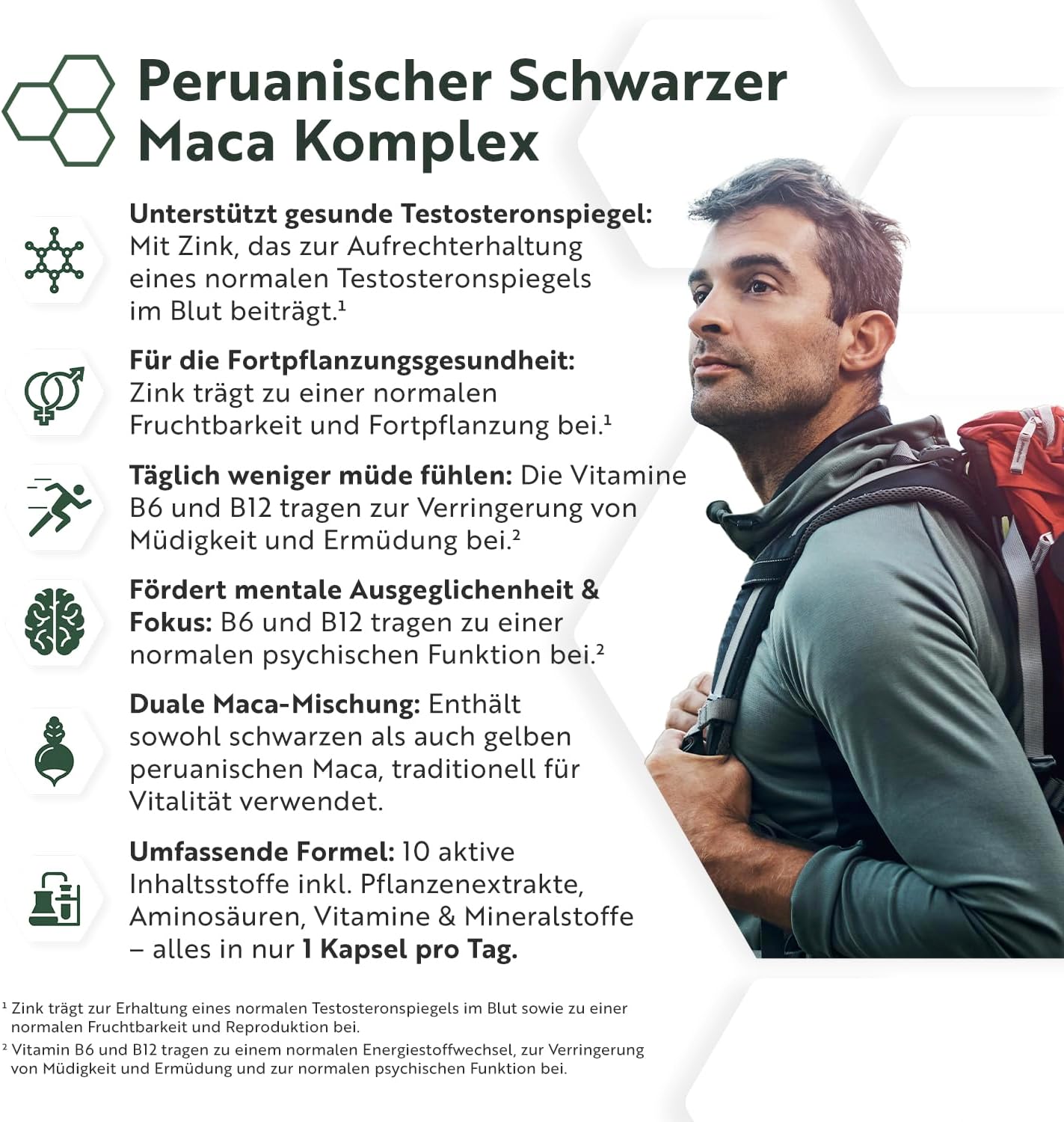 Schwarzer Maca-Komplex mit Zink, Vitamin B12, Ginseng, Bockshornklee, Vitamin B6, L, Arginin, Energiestoffwechsel, normale psykologische Funktion (EFSA), 180 Kapseln
