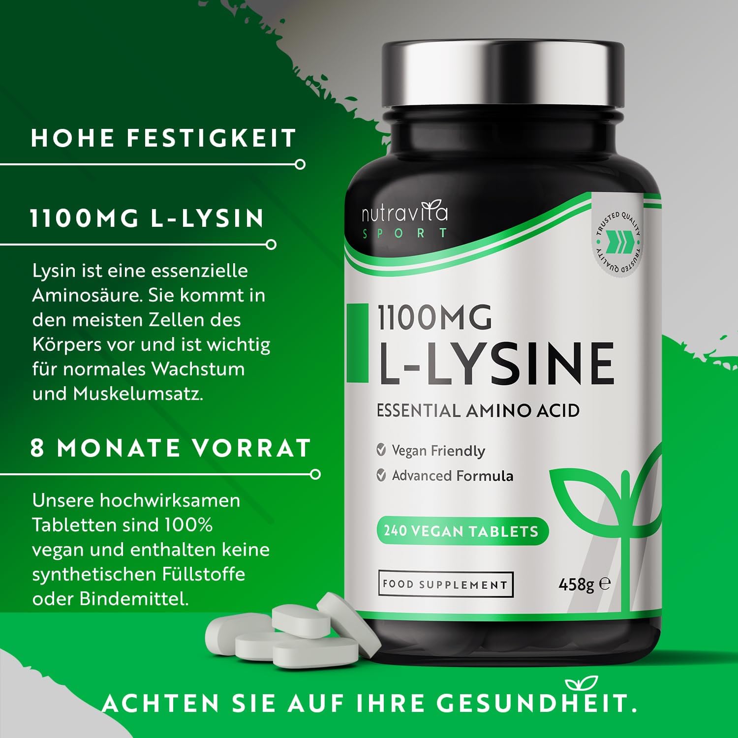 L-Lysine 1100mg Hochdosiert - 240 Vegane Tabletten