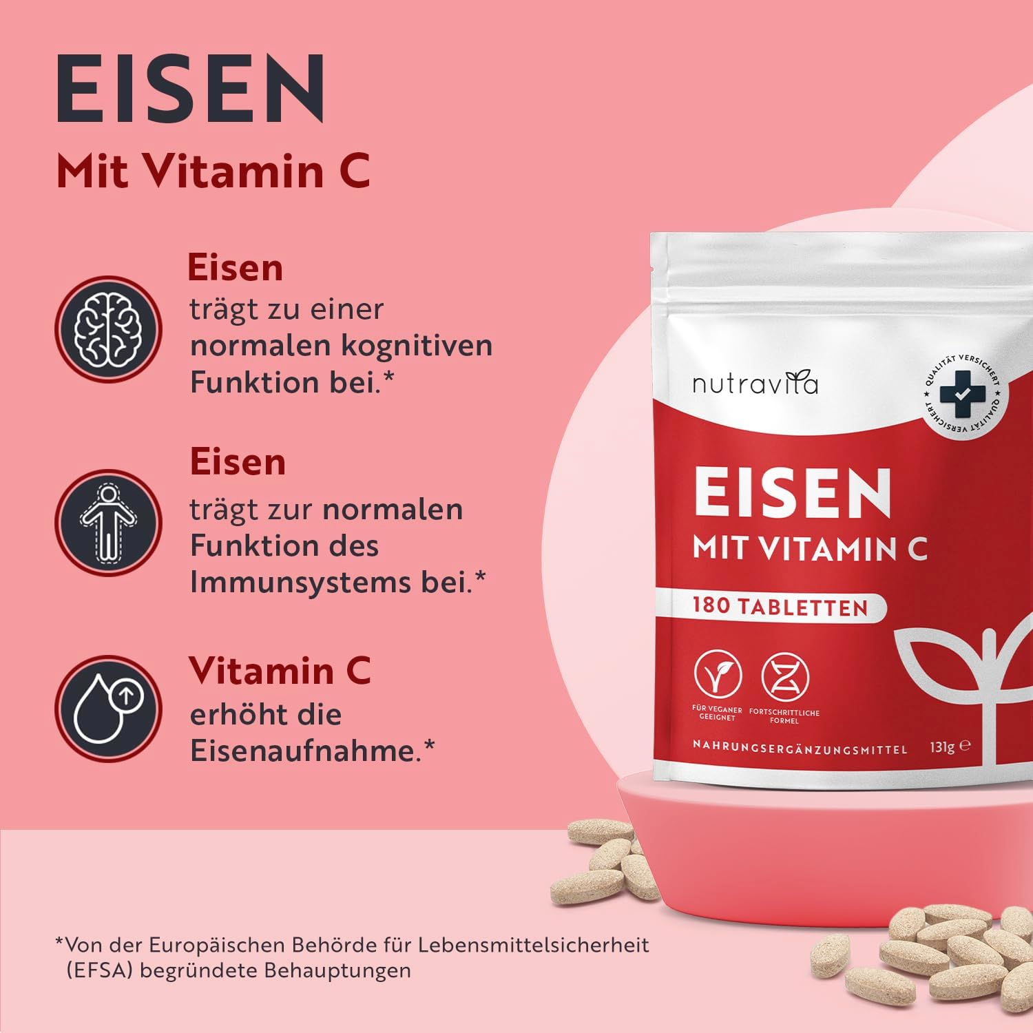 Eisentabletten mit 40 mg Eisen + Vitamin C (80mg) - 180 vegane Tabletten