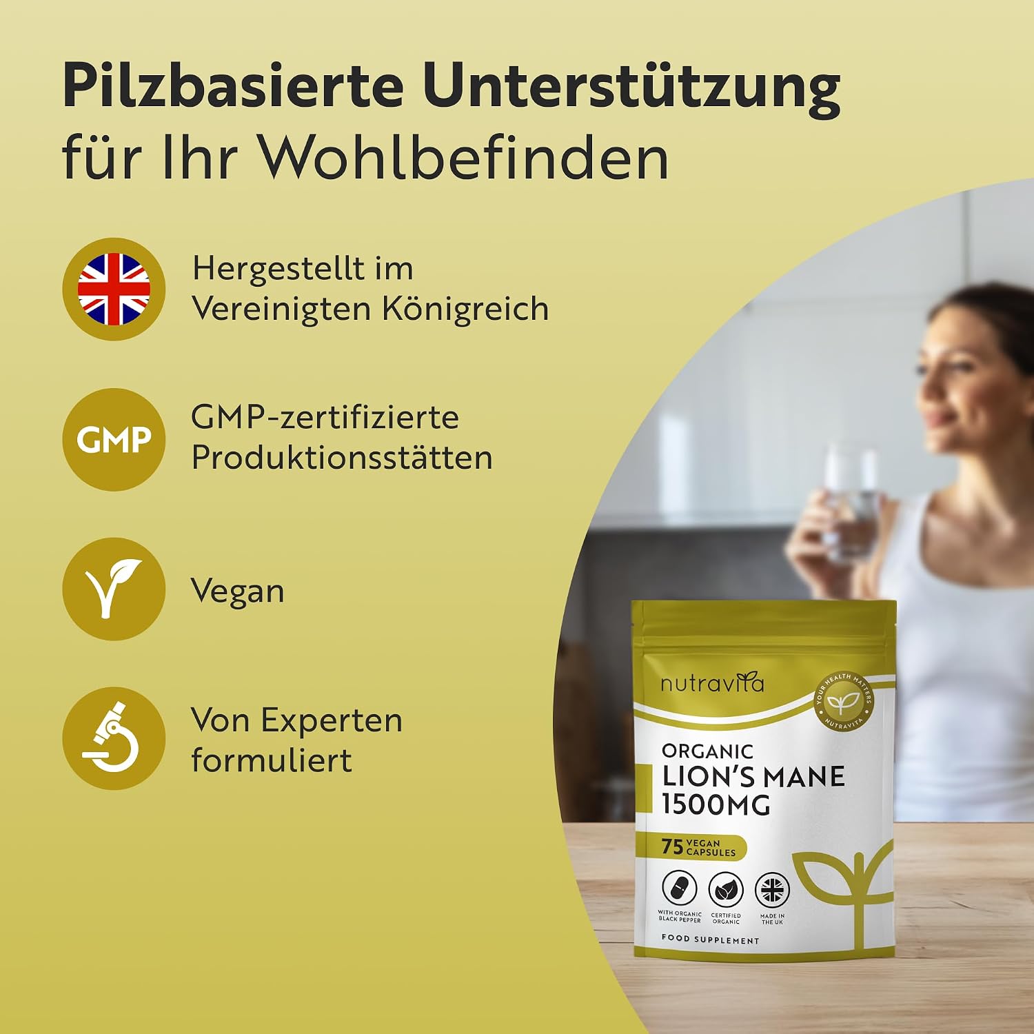 Bio Lion’s Mane Mushroom Kapseln 1500mg je Tagesdosis - 75 Löwenmähne Pilz Vegane Kapseln