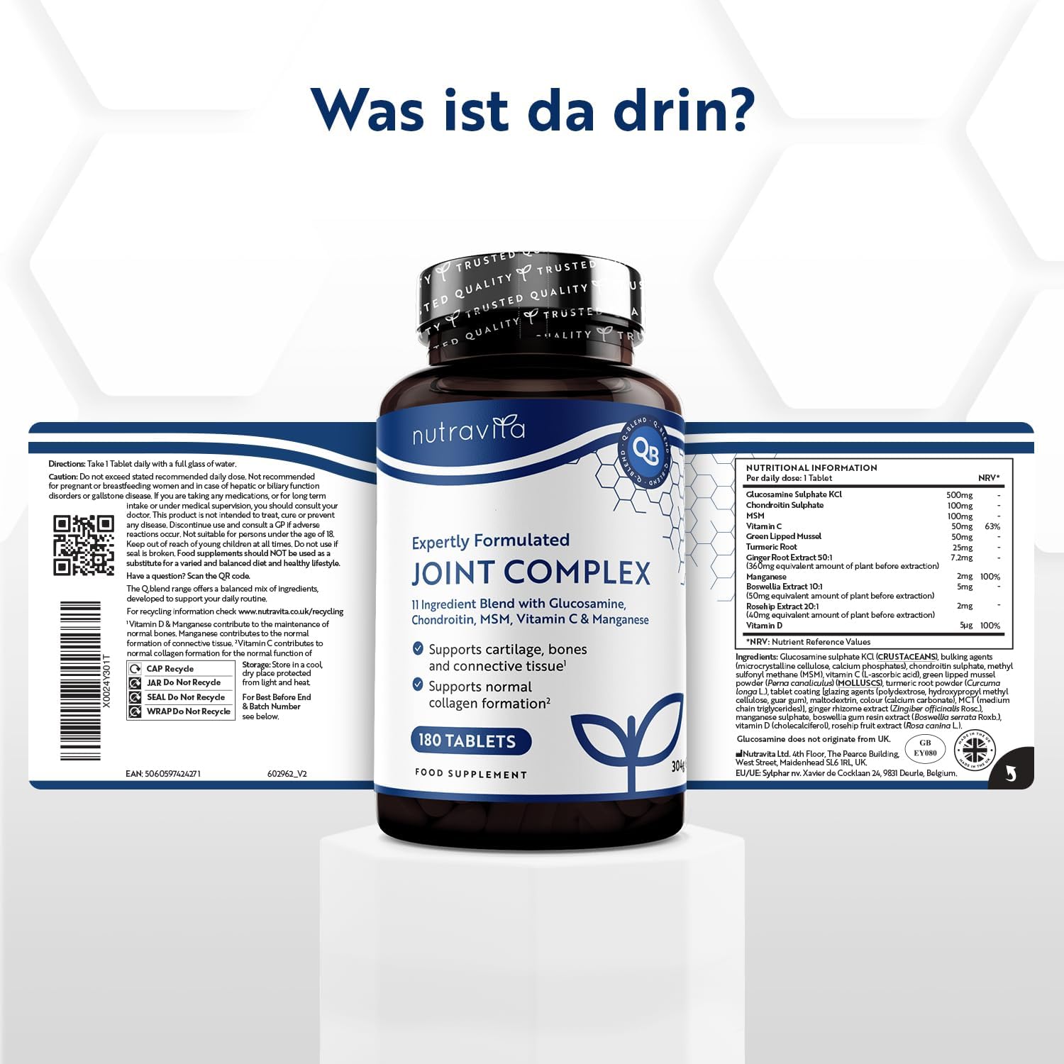 Chondroitin Hochdosiert mit Vitamin C + Vitamin D + Mangan + MSM Kapseln Hochdosiert - 180 Gelenkkapseln