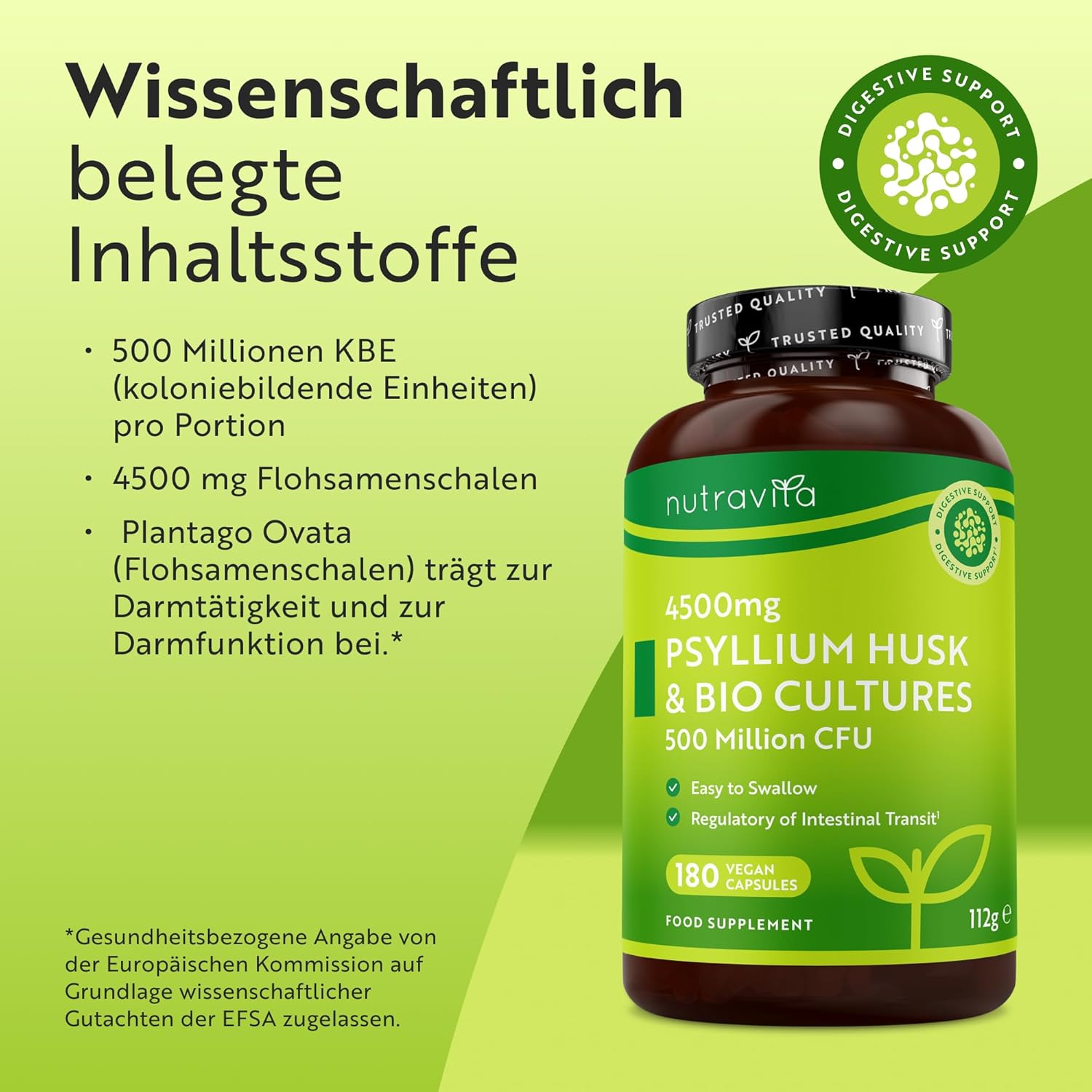 Flohsamenschalen Kapseln 4500mg - Biokulturen mit 500 Millionen CFU - 180 Vegane Kapseln