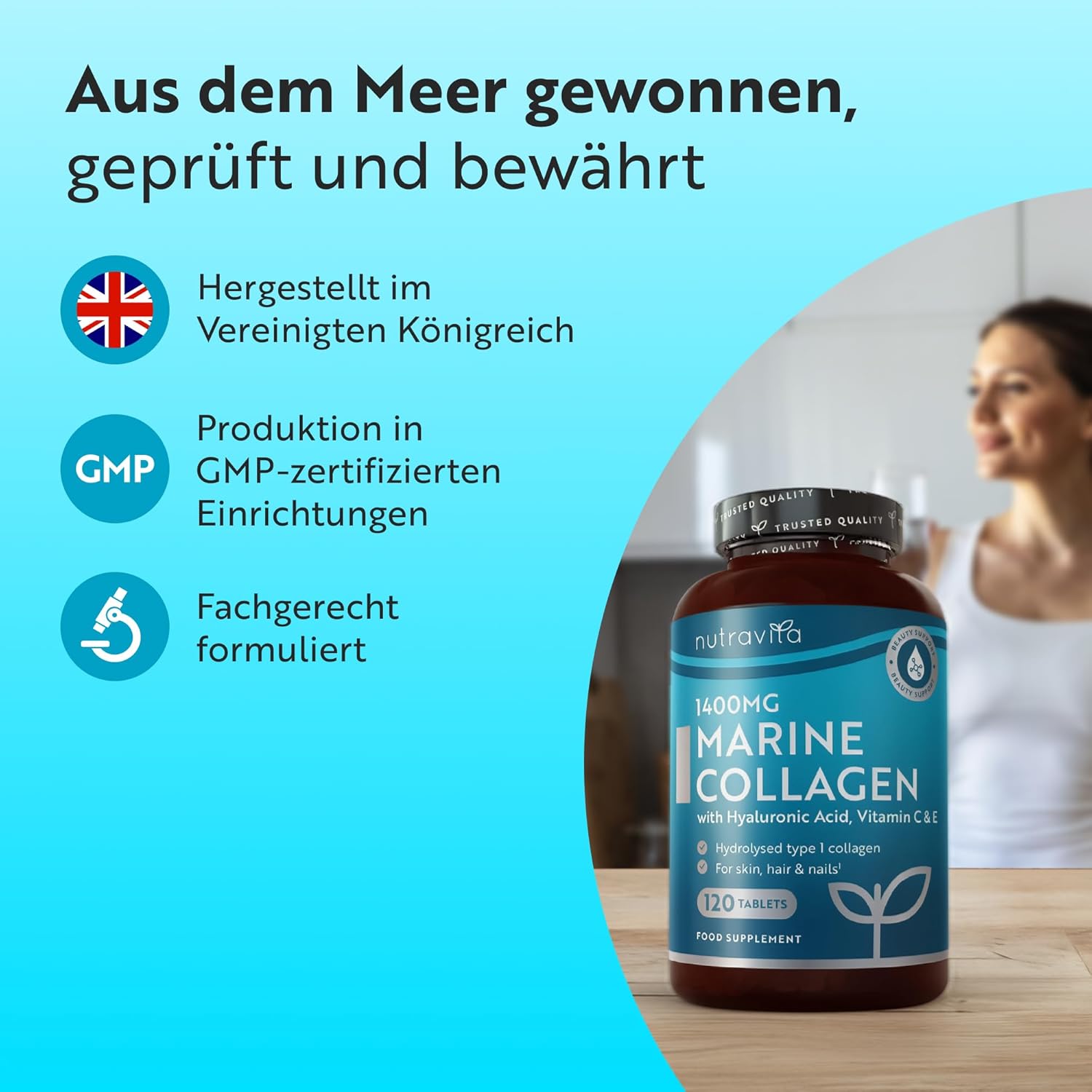 Marine Collagen und Hyaluronsäure Kapseln Hochdosiert 1400mg - Kollagen Hydrolysat Typ I - 120 Tabletten
