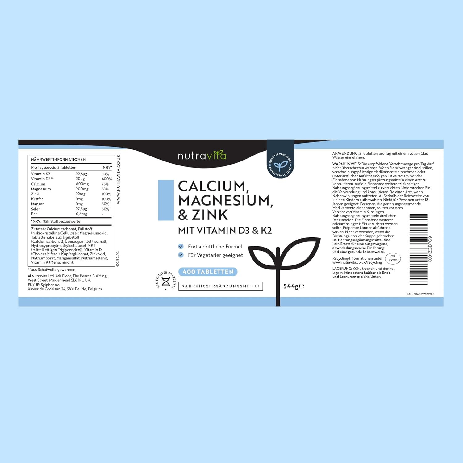 Calcium Magnesium Zink - 400 Hochdosiert vegetarische Tabletten