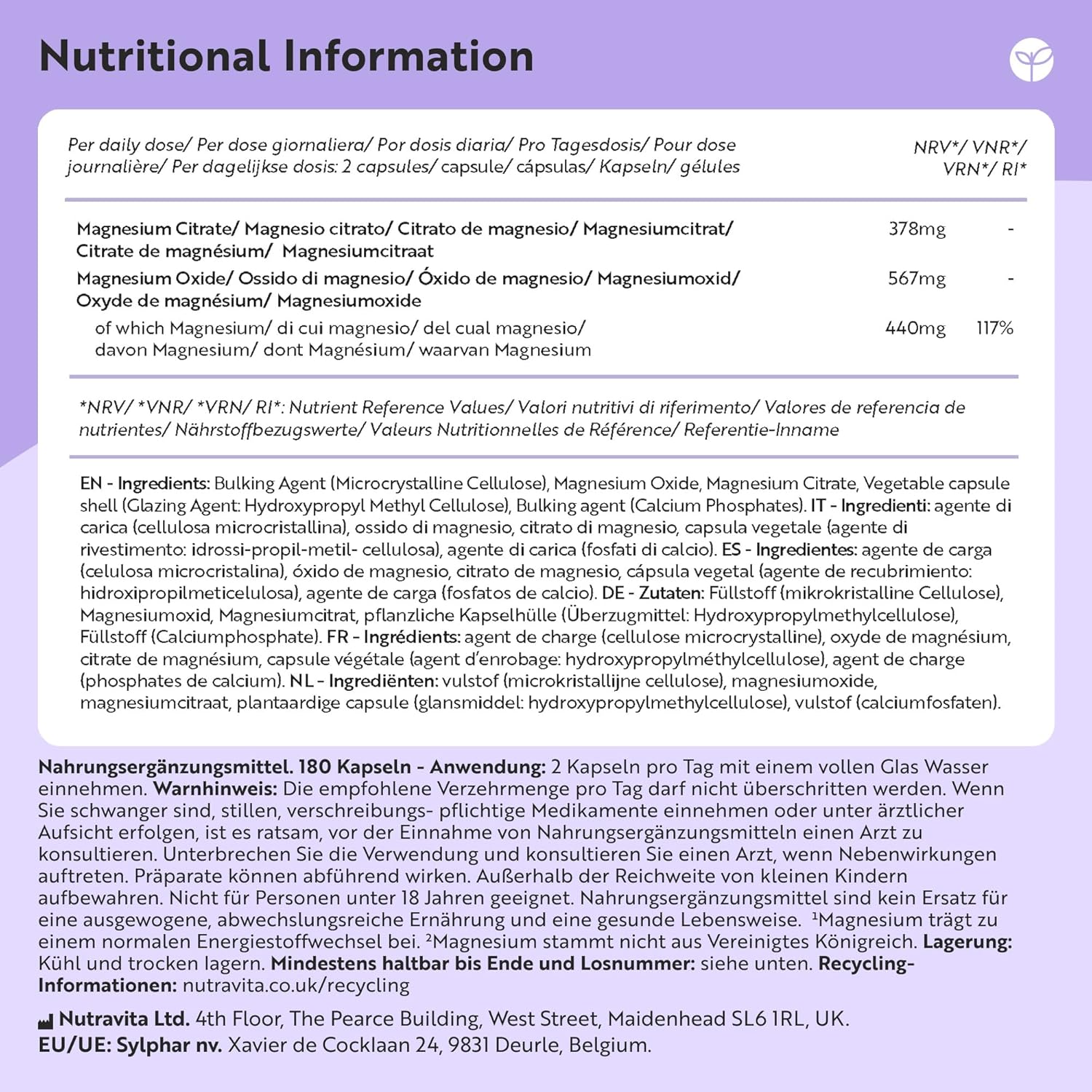 945 mg Magnesium Komplex – 180 Vegane Citrat-Kapseln