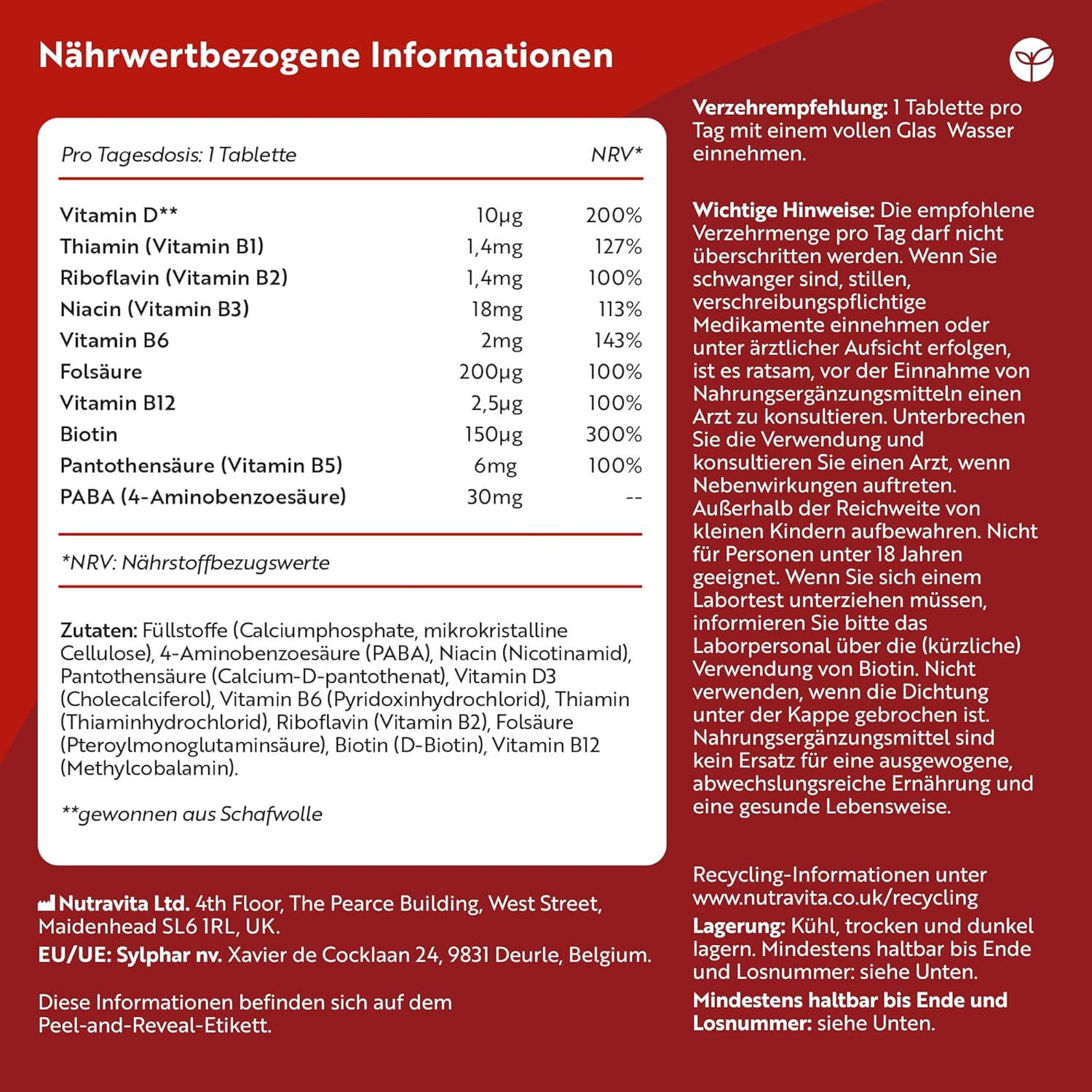 Vitamin B-Komplex - JAHRESVORRAT - Alle 8 B-Vitamine in 1 Tablette - Vitamin B1, B2, B3, B5, B6, B12, Biotin, Folsäure & Vitamin D3