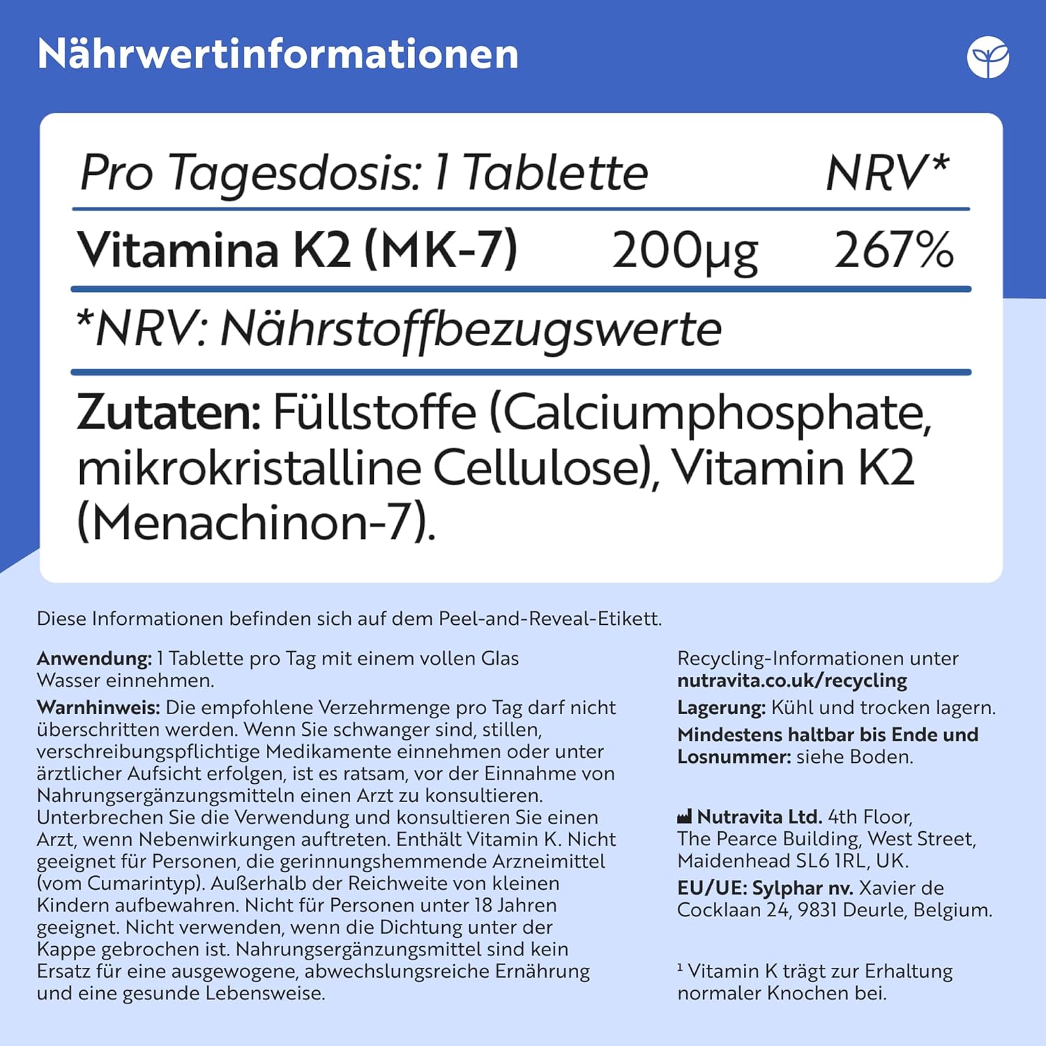 Vitamin K2 MK 7 200 µg – Jahresvorrat – 365 vegane Mikrotabletten (keine Kapseln)