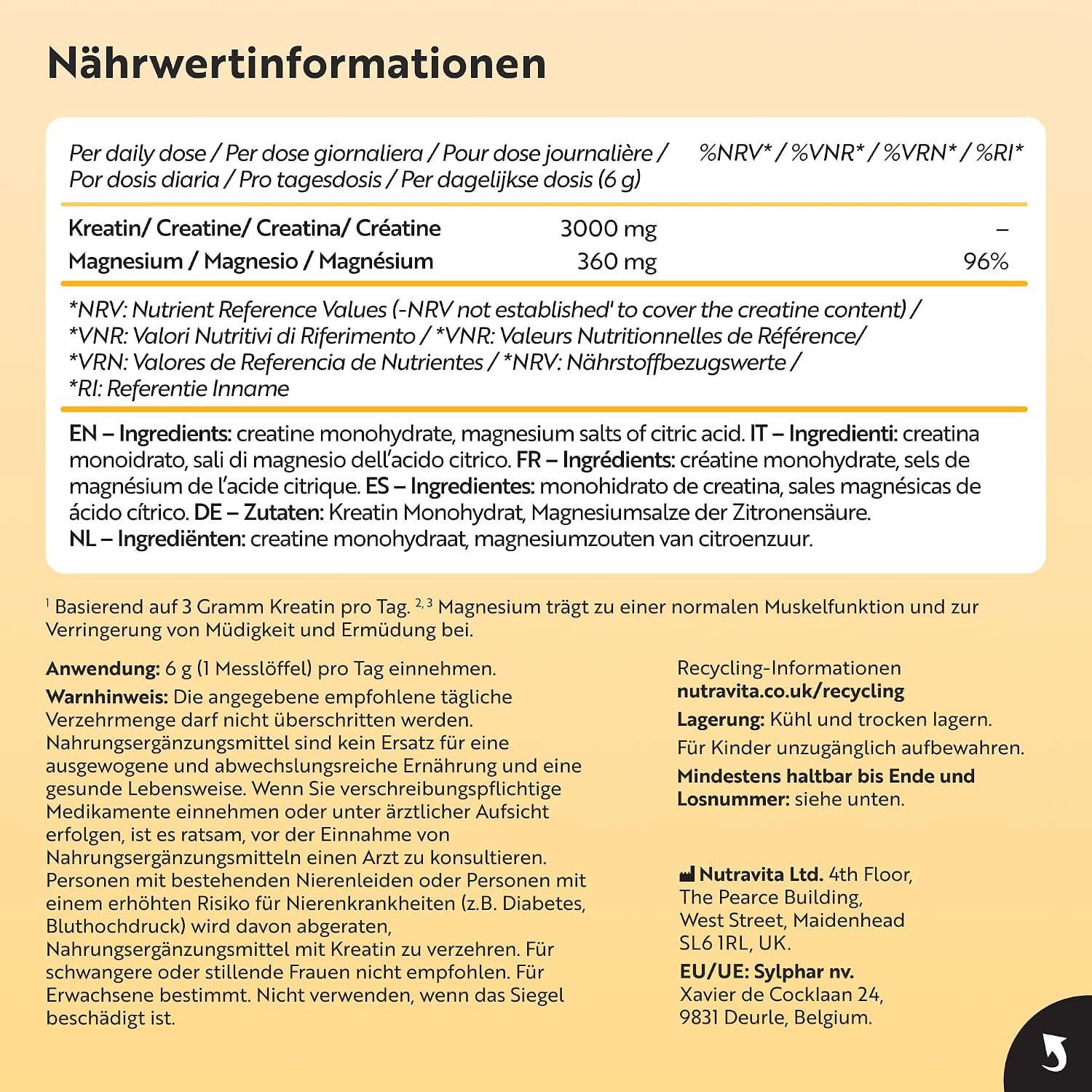 Kreatin-Monohydrat 3000mg mit Magnesium 360mg - 360g Geschmacksneutrales Kreatinpulver - 60 Portionen