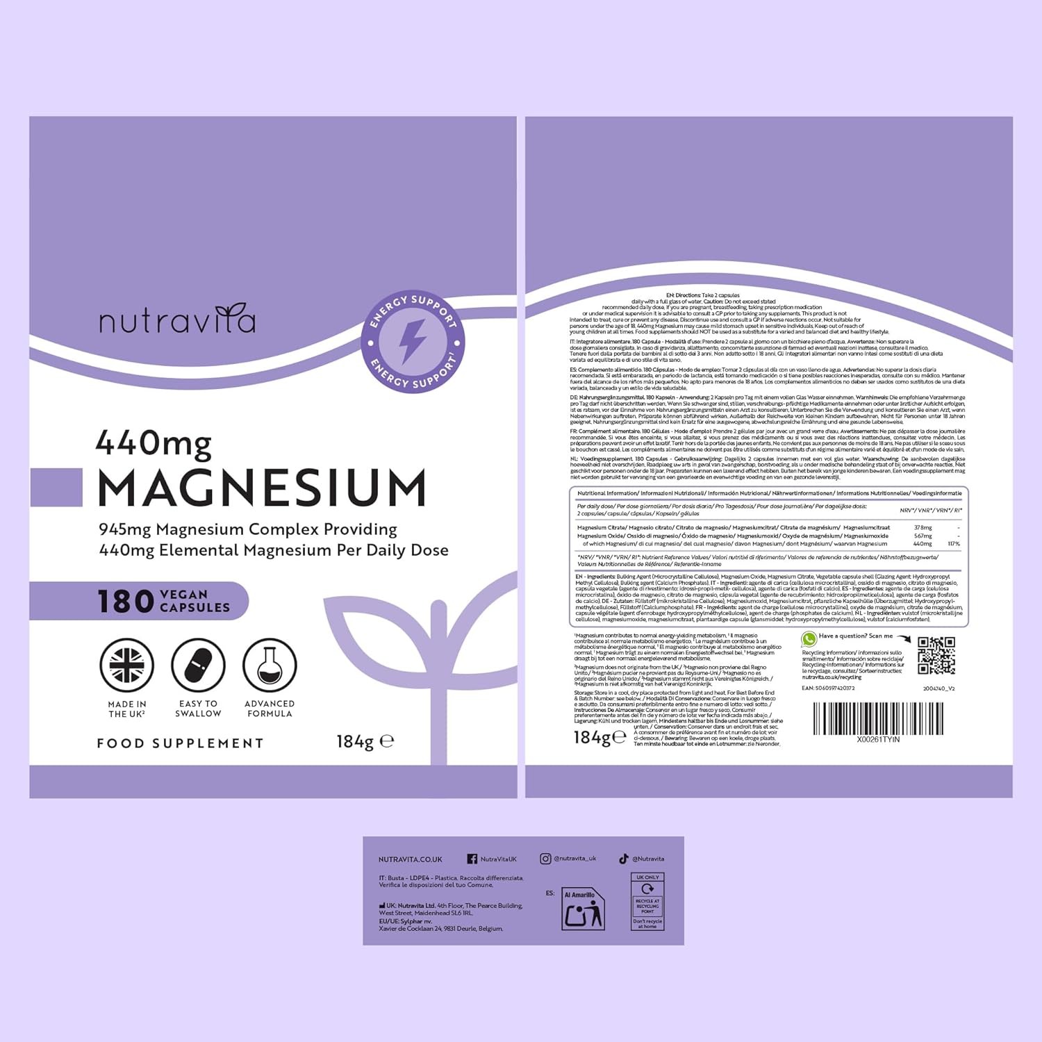 945 mg Magnesium Komplex – 180 Vegane Citrat-Kapseln