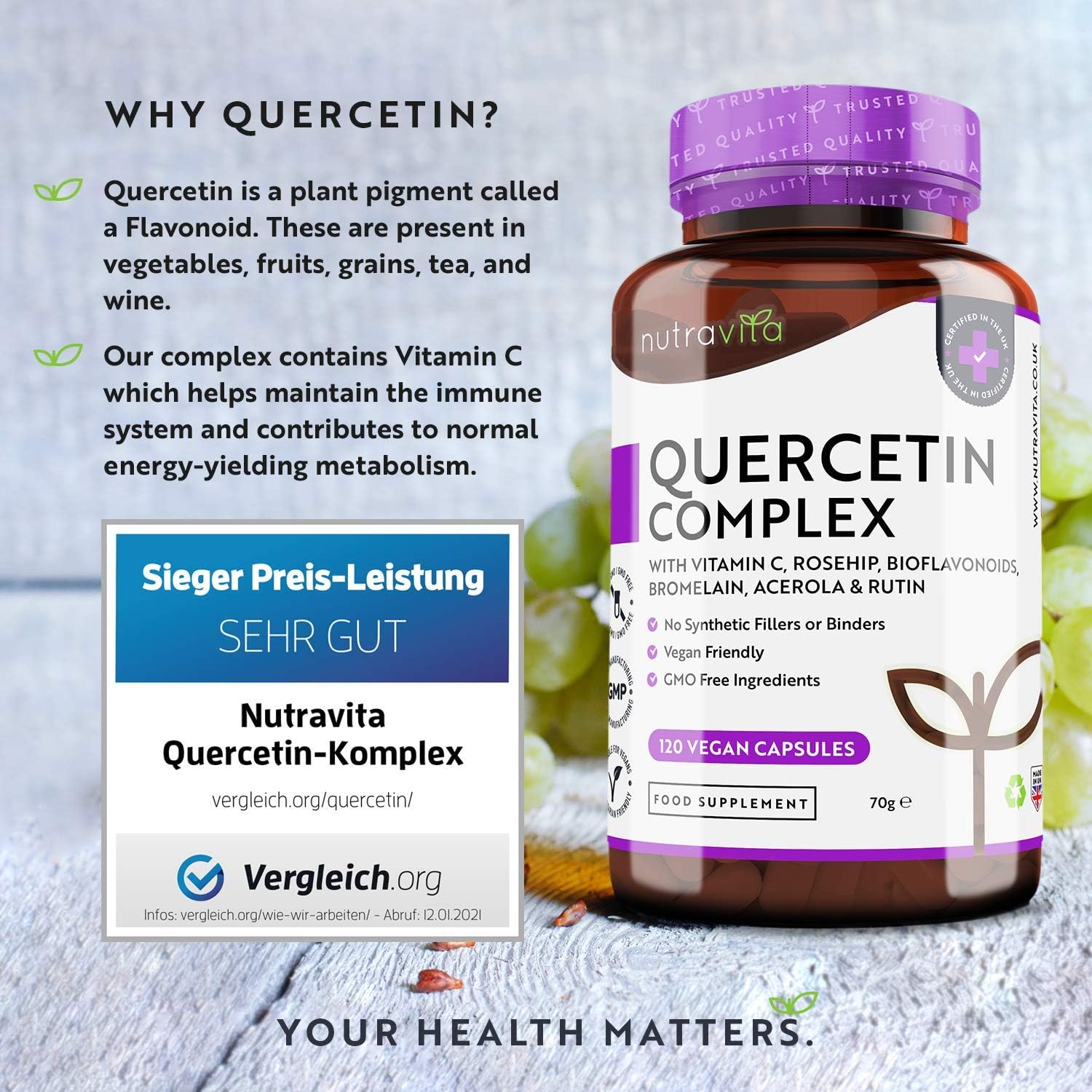 Quercetin Komplex 695mg mit Vitamin C - Preis-Leistungssieger 2021* - 120 vegane Kapseln