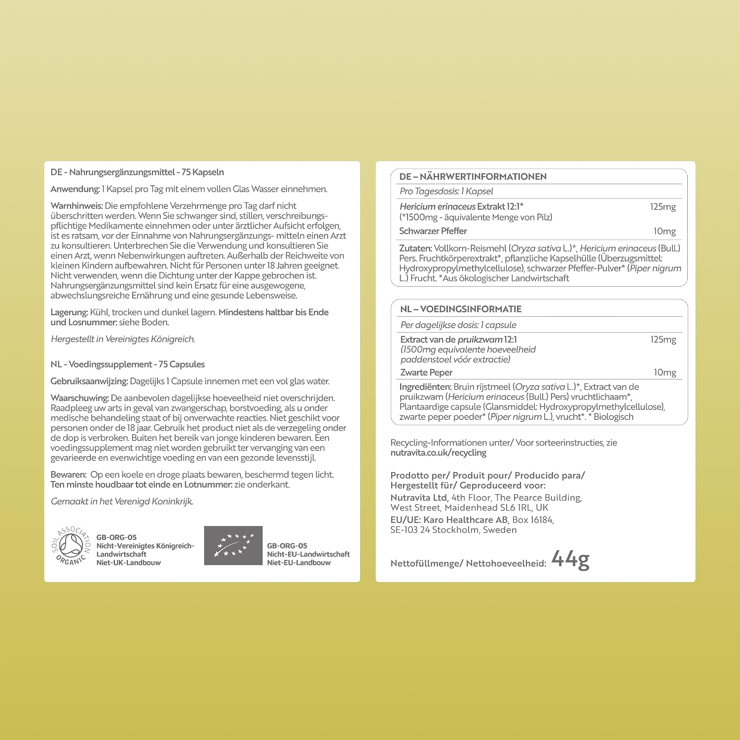 Bio Lion’s Mane Mushroom Kapseln 1500mg je Tagesdosis - 75 Löwenmähne Pilz Vegane Kapseln