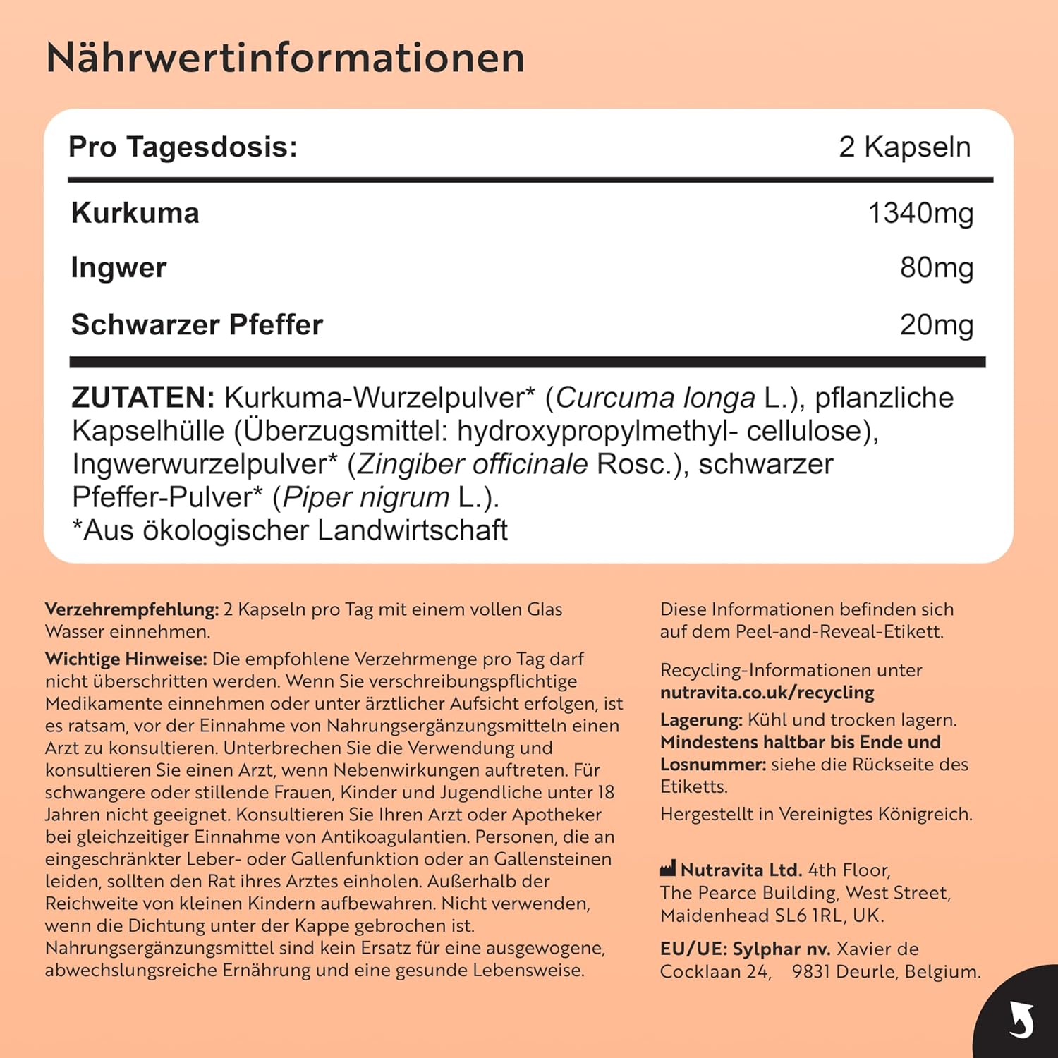 Bio Kurkuma Kapseln 1440 mg, schwarzem Pfeffer & Ingwer - 180 vegane Kurkuma Kapseln