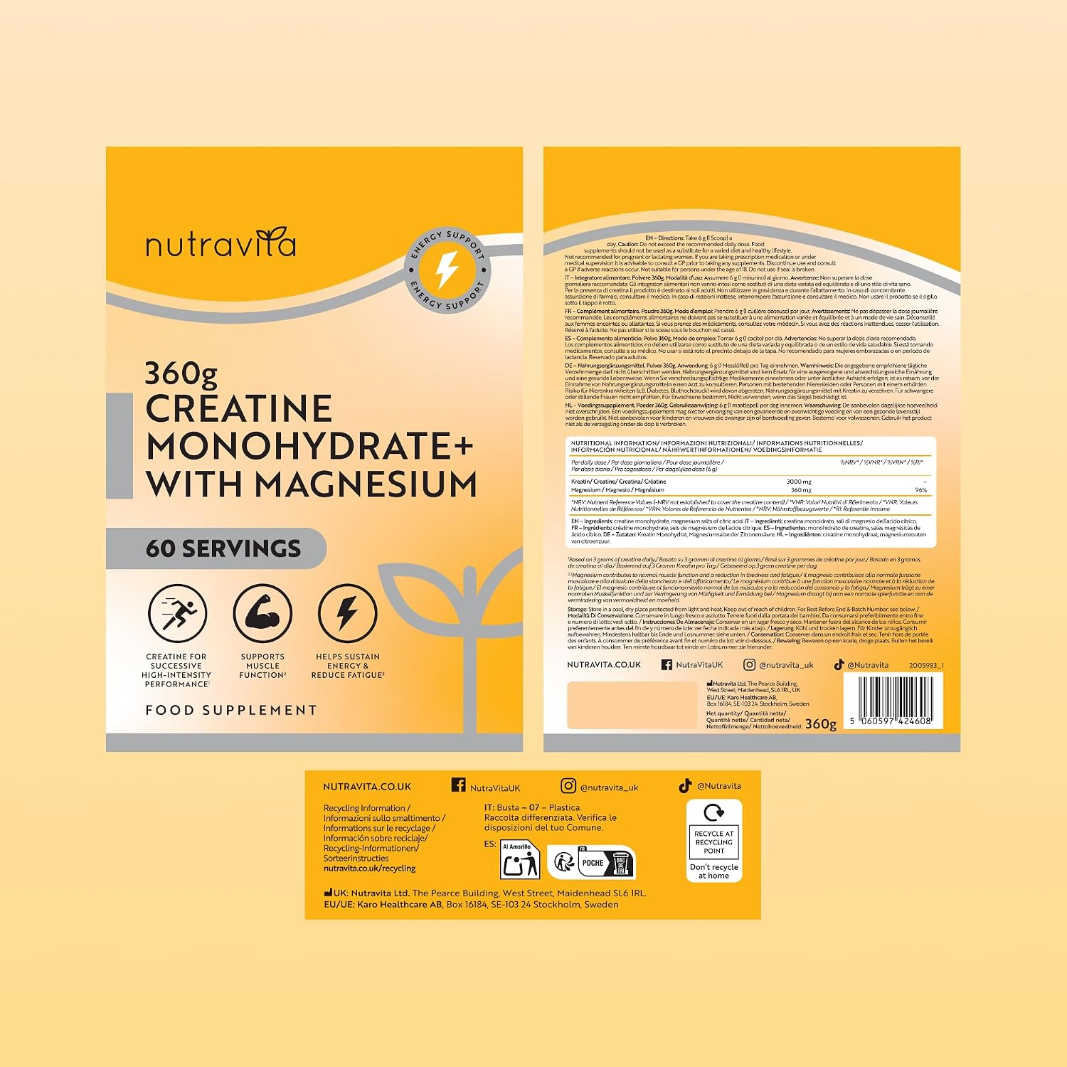 Kreatin-Monohydrat 3000mg mit Magnesium 360mg - 360g Geschmacksneutrales Kreatinpulver - 60 Portionen