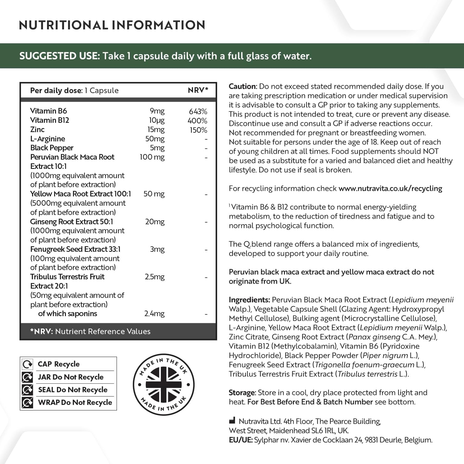 Schwarzer Maca-Komplex mit Zink, Vitamin B12, Ginseng, Bockshornklee, Vitamin B6, L, Arginin, Energiestoffwechsel, normale psykologische Funktion (EFSA), 180 Kapseln