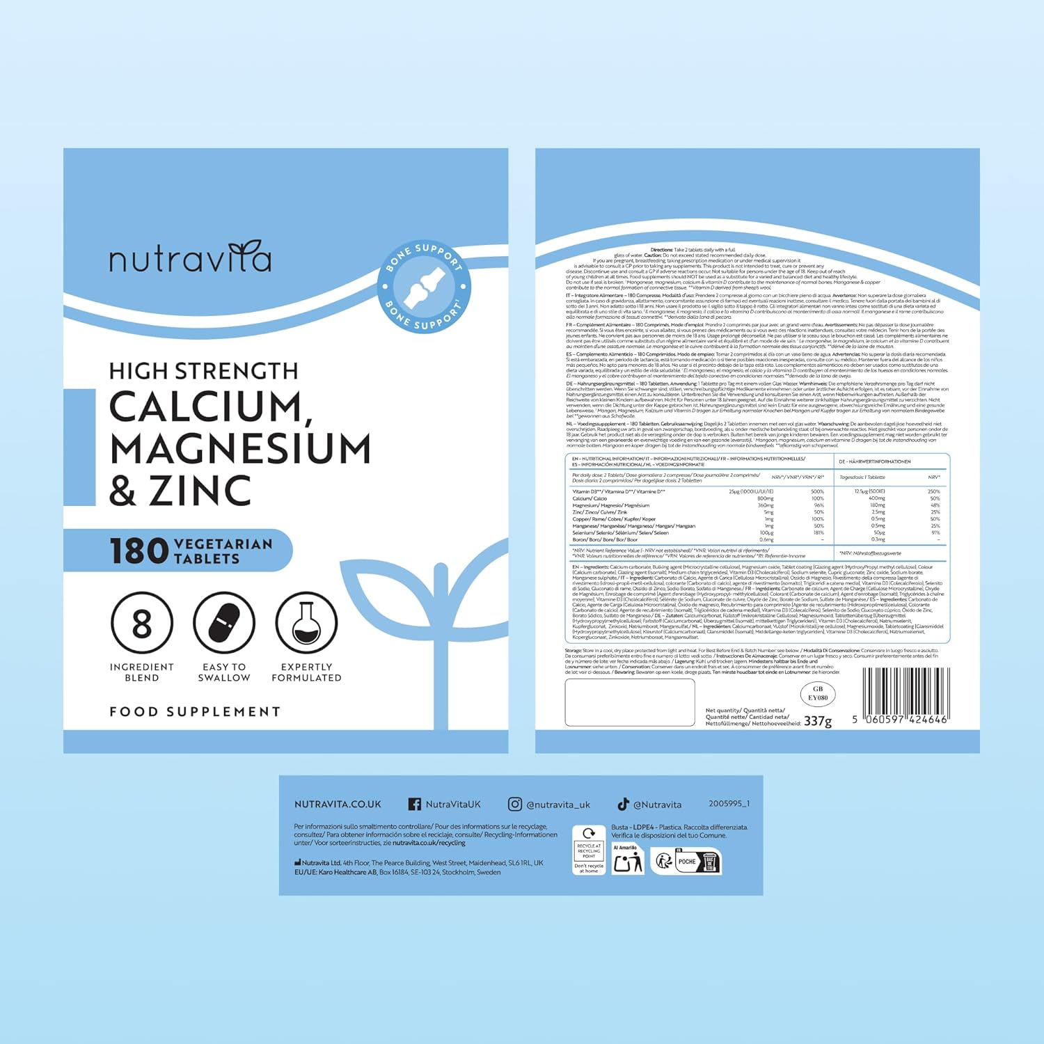 Kalzium Magnesium Zink Kupfer Selen Bor und Vitamin D3 180 Tabletten
