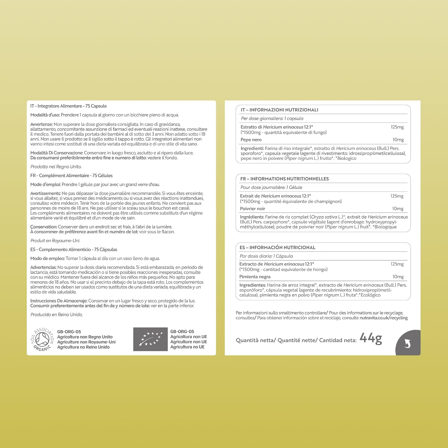 Bio Lion’s Mane Mushroom Kapseln 1500mg je Tagesdosis - 75 Löwenmähne Pilz Vegane Kapseln