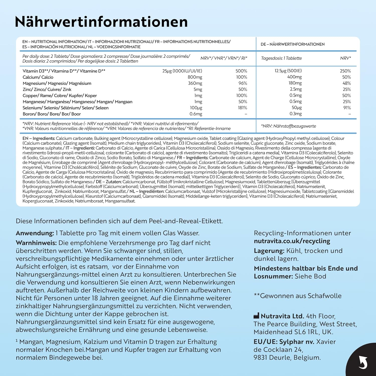 Kalzium Magnesium Zink Kupfer Selen Bor und Vitamin D3 180 Tabletten