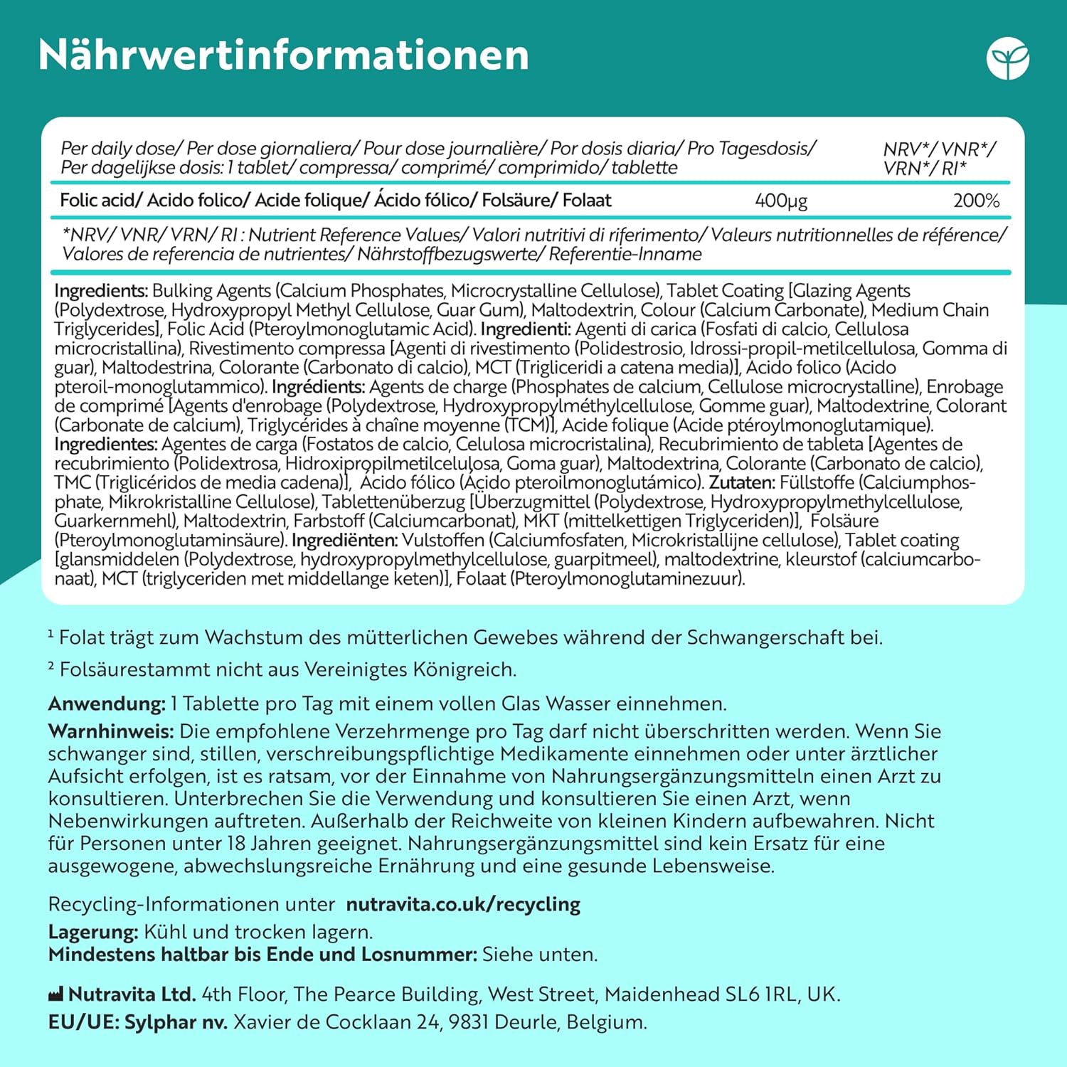 Folsäure-Tabletten - 400 µg pro Tablette - 400 Tabletten