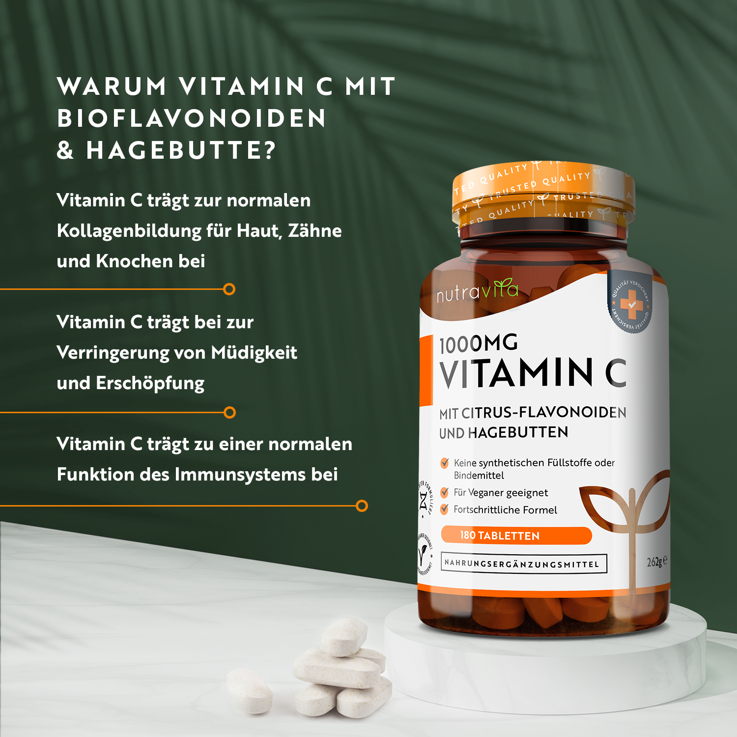 Vitamin C 1000mg mit Bioflavonoiden und Hagebutte 180 Vegane Tabletten