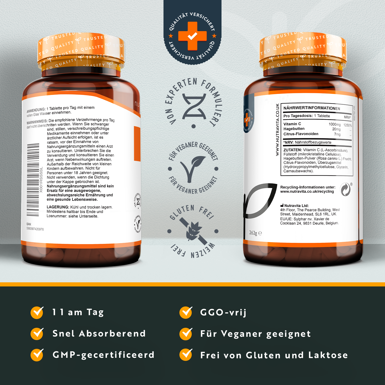 Vitamin C 1000mg mit Bioflavonoiden und Hagebutte 180 Vegane Tabletten