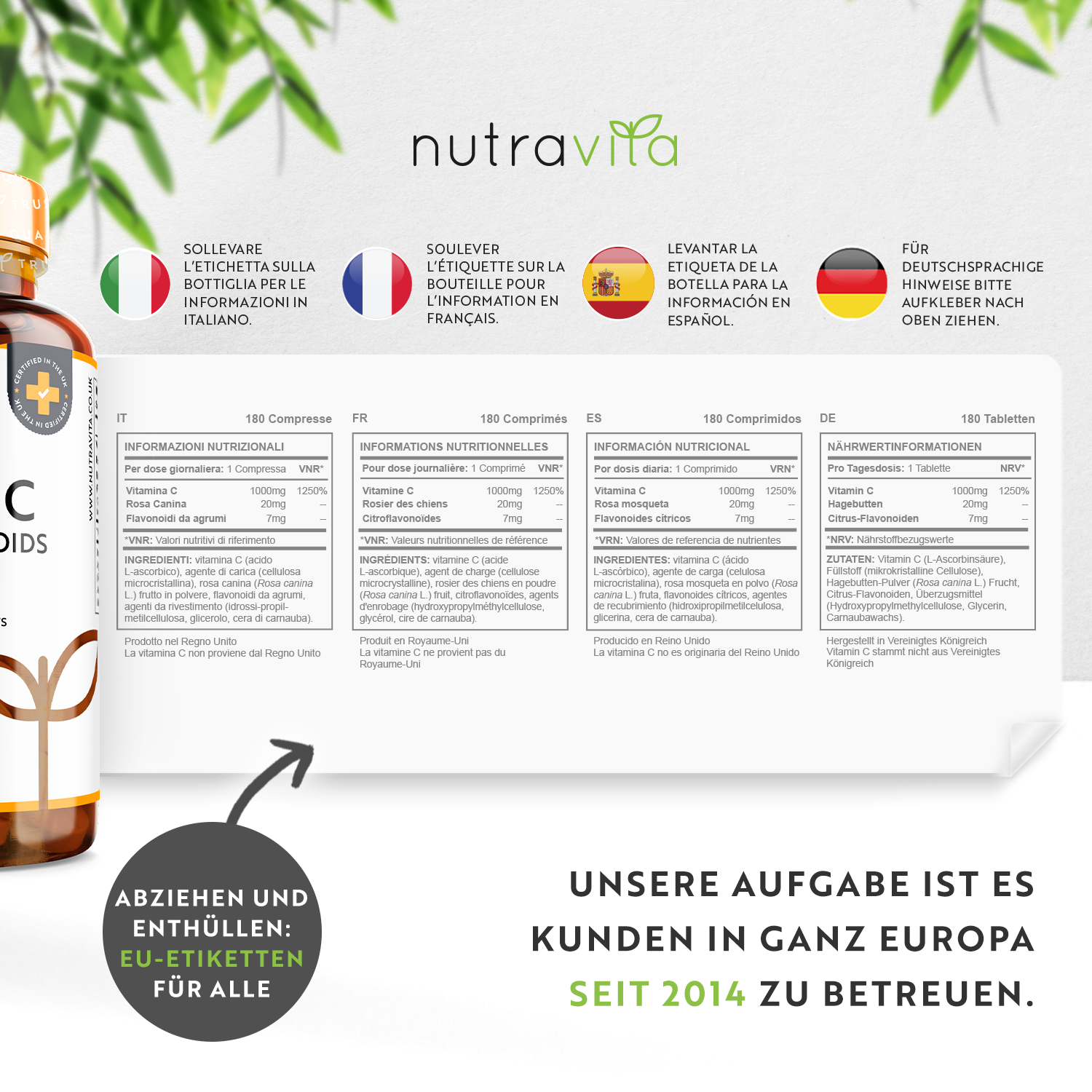 Vitamin C 1000mg mit Bioflavonoiden und Hagebutte 180 Vegane Tabletten