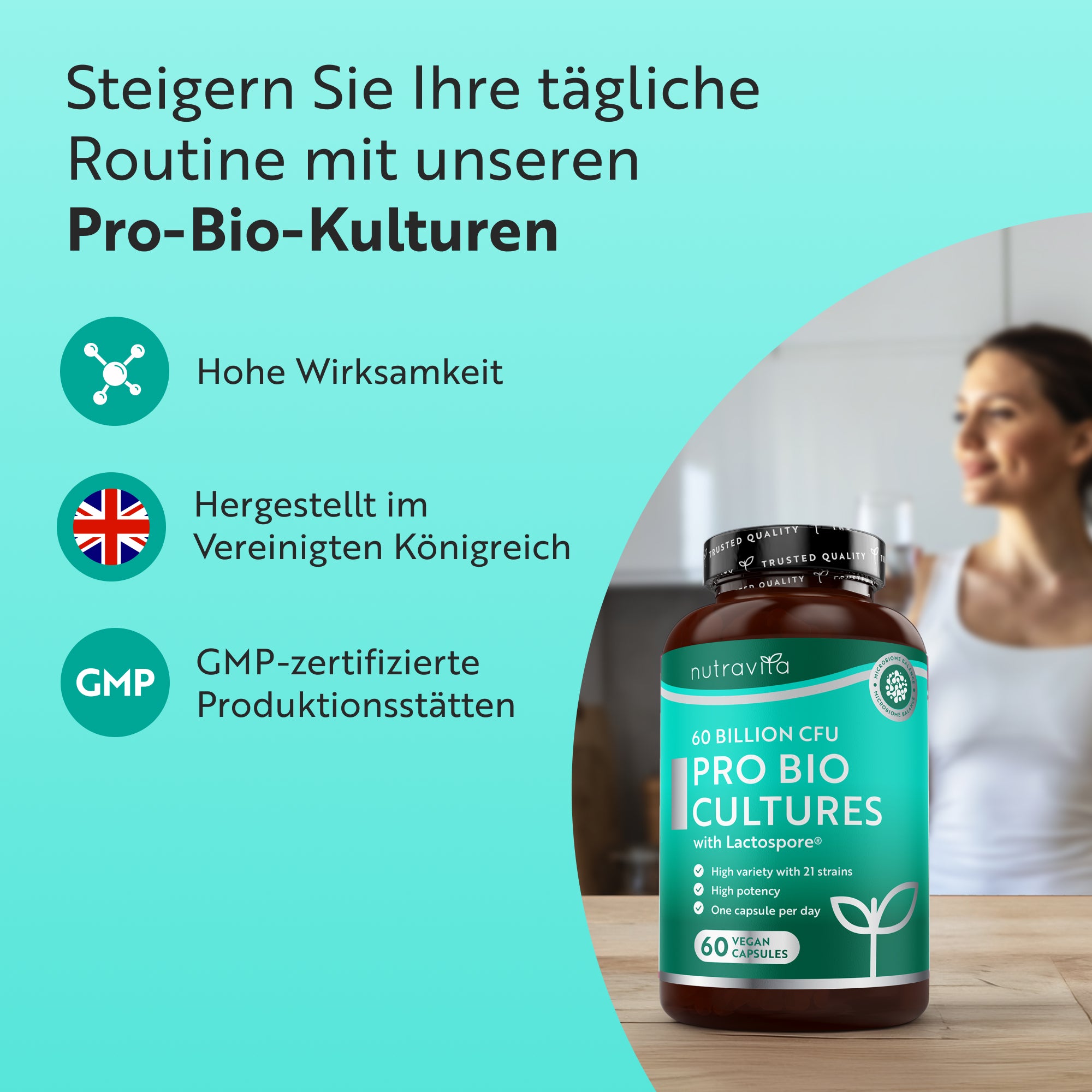 Probiotischer Komplex – 60 Milliarden KBE – 60 vegane Kapseln mit magensaftresistenter Freisetzung