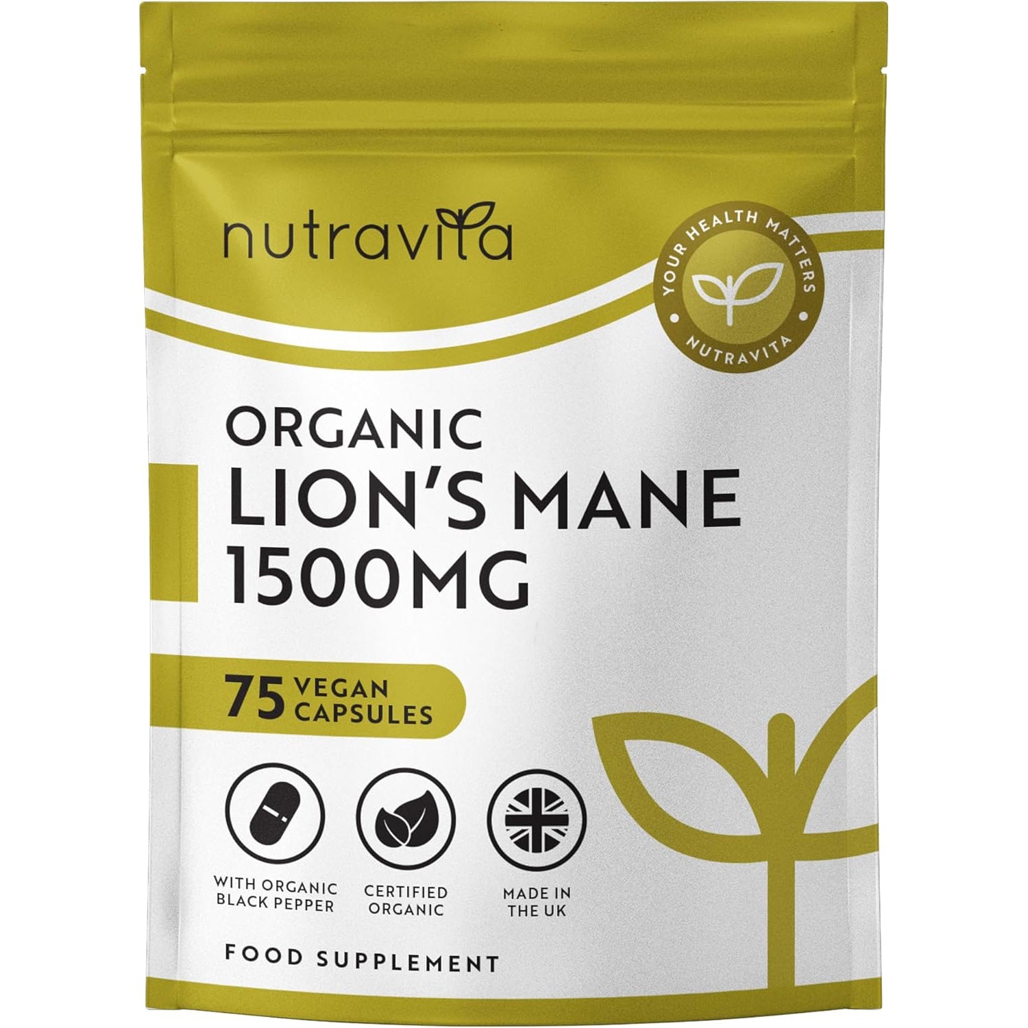 Bio Lion’s Mane Mushroom Kapseln 1500mg je Tagesdosis - 75 Löwenmähne Pilz Vegane Kapseln