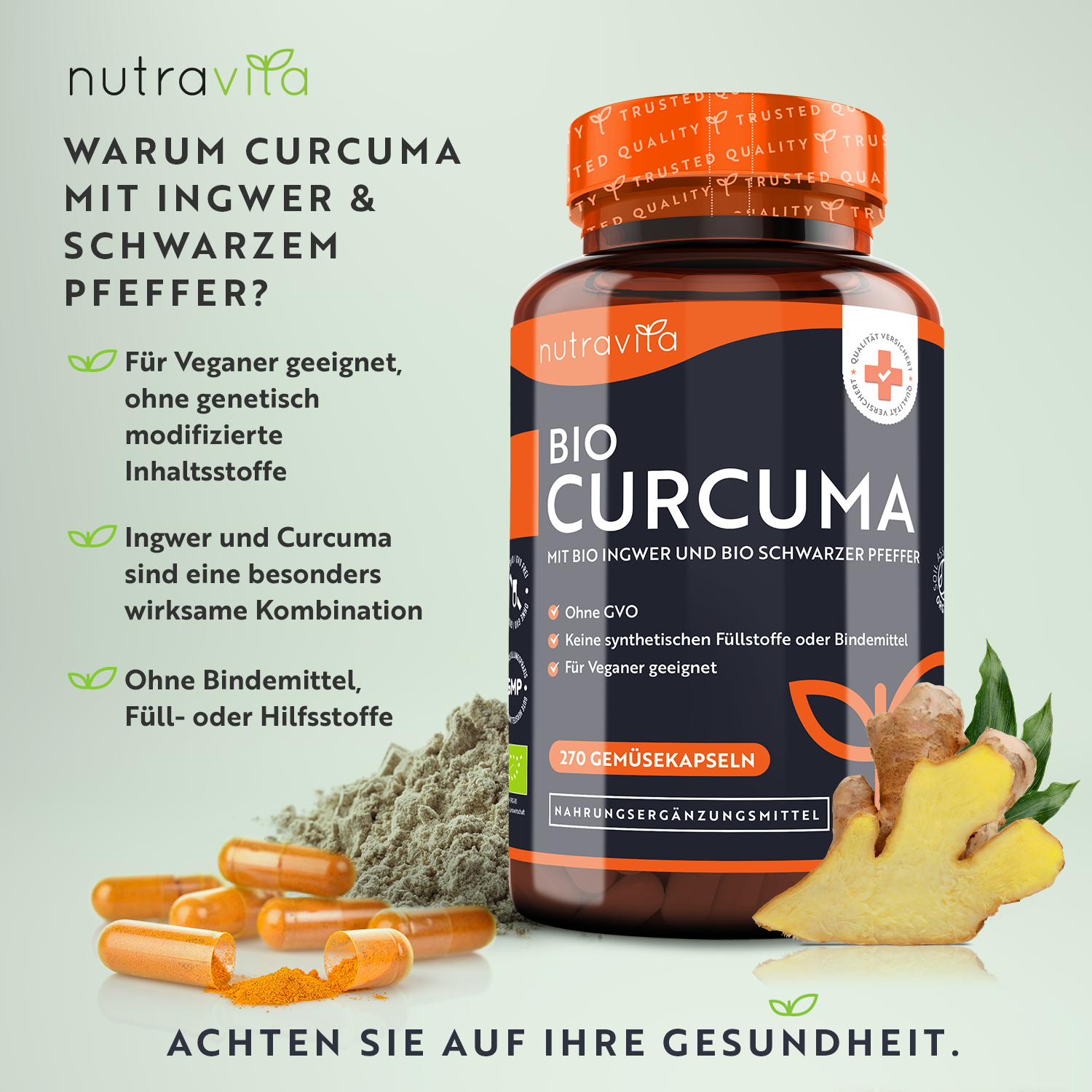 Bio-Kurkuma mit schwarzem Pfeffer und Ingwer 270 Kapseln