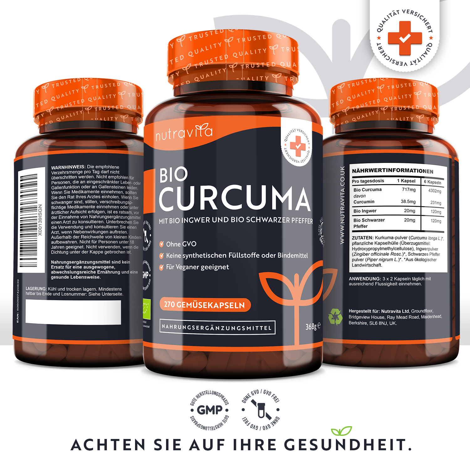 Bio-Kurkuma mit schwarzem Pfeffer und Ingwer 270 Kapseln