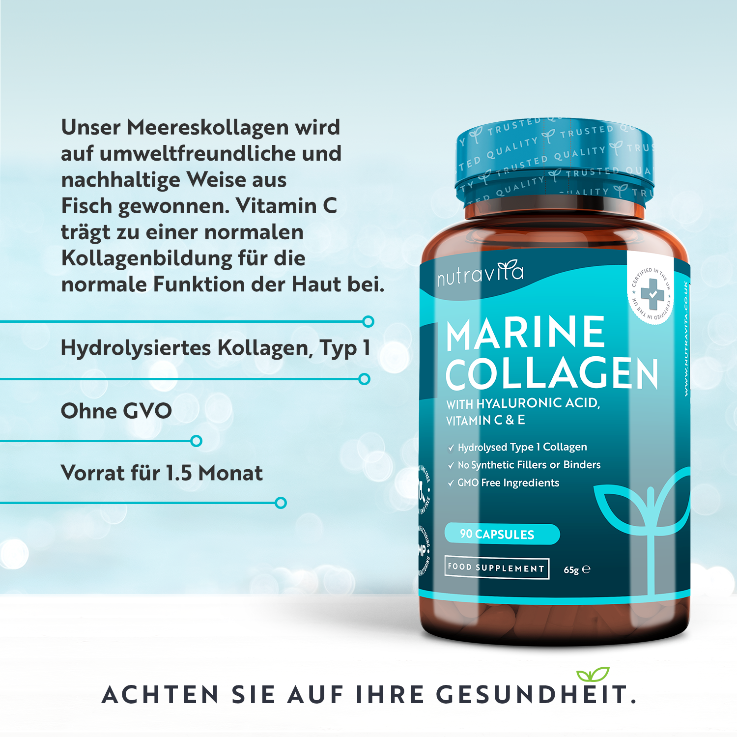 Hydrolysiertes Marines Kollagen 1000mg mit Hyaluronsäure 90 Kapseln