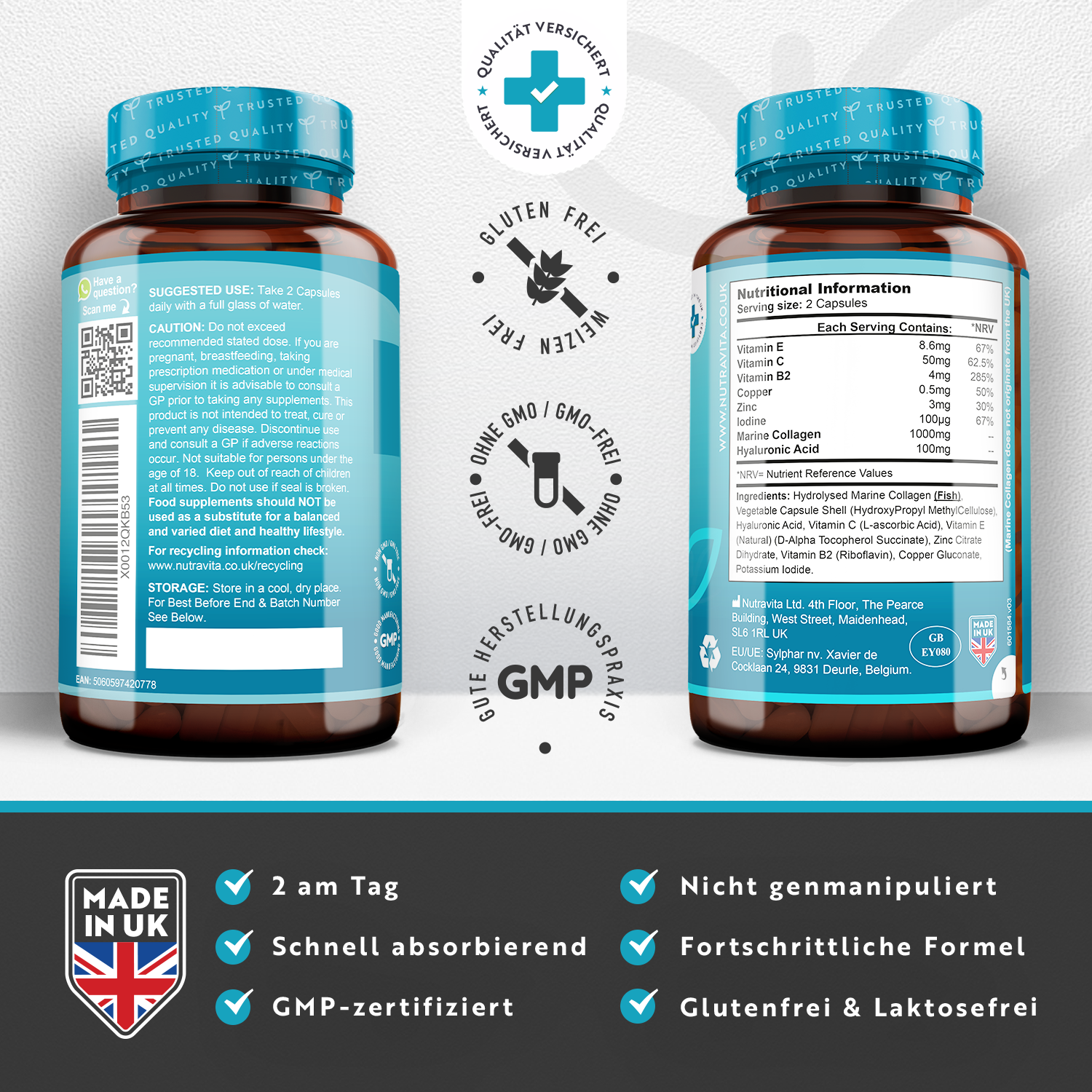 Hydrolysiertes Marines Kollagen 1000mg mit Hyaluronsäure 90 Kapseln